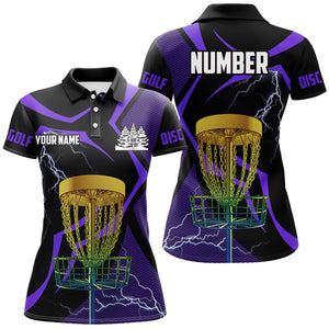 Black & Purple Women disc golf polo shirt custom lightning thunder disc golf basket, frisbee golf gift NQS9089