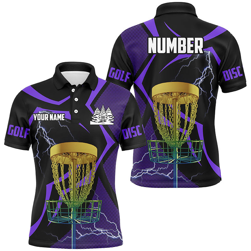 Black & Purple Men disc golf polo shirt custom lightning thunder disc golf basket, frisbee golf gifts NQS9089