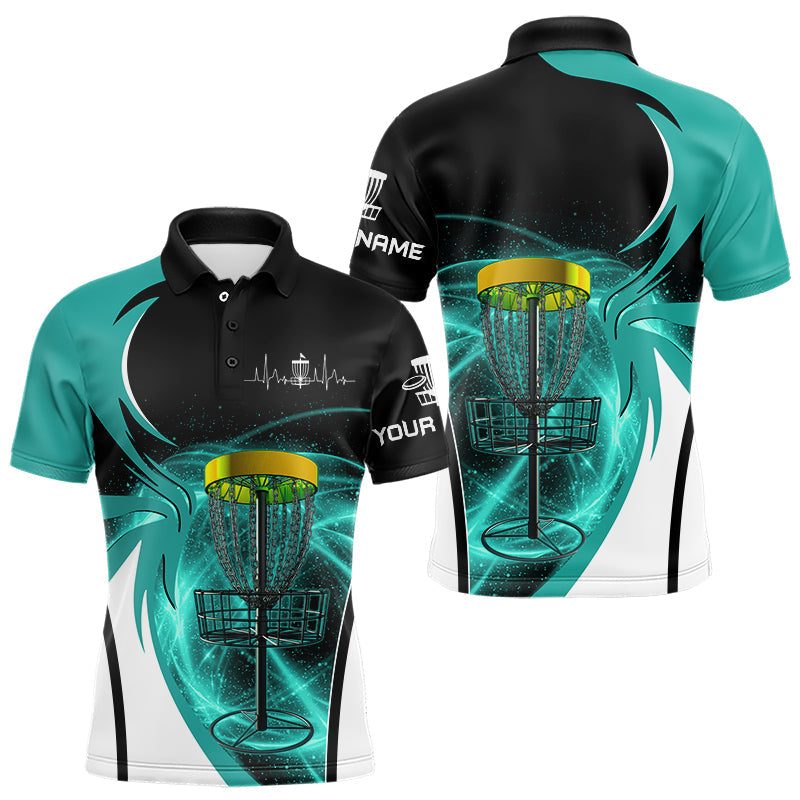 Mens disc golf polo shirt custom disc golf basket, personalized disc golf gifts | Cyan Blue NQS9092