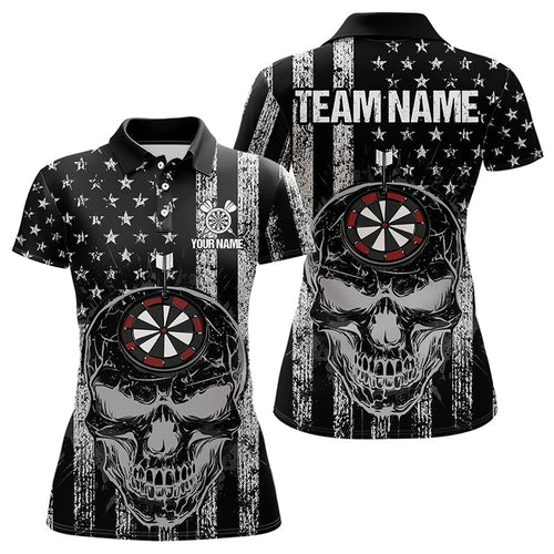 Black and White American Flag Skull Dart Polo, Quarter Zip Shirt For Women Custom Patriotic Dart Shirt NQS9099