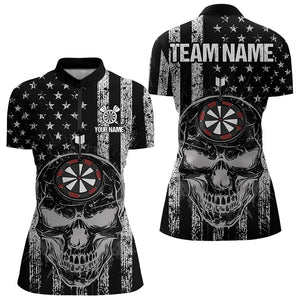 Black and White American Flag Skull Dart Polo, Quarter Zip Shirt For Women Custom Patriotic Dart Shirt NQS9099