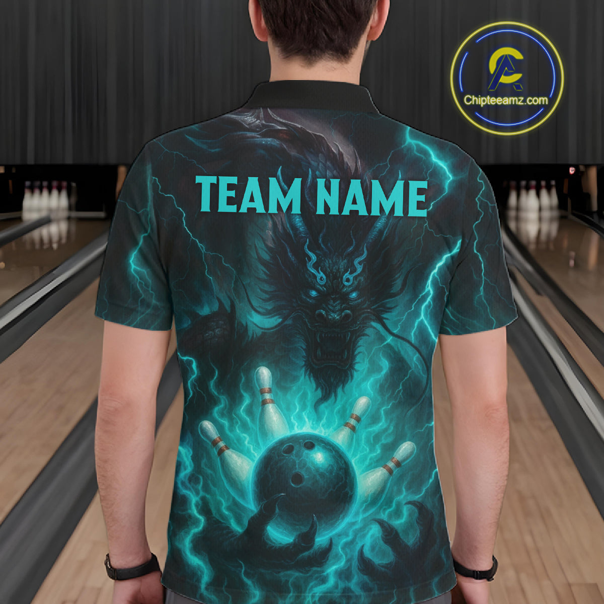 Personalized Black and Turquoise Flame Lightning Dragon Bowling Shirts For Men, Team Bowling Jerseys NQS11168
