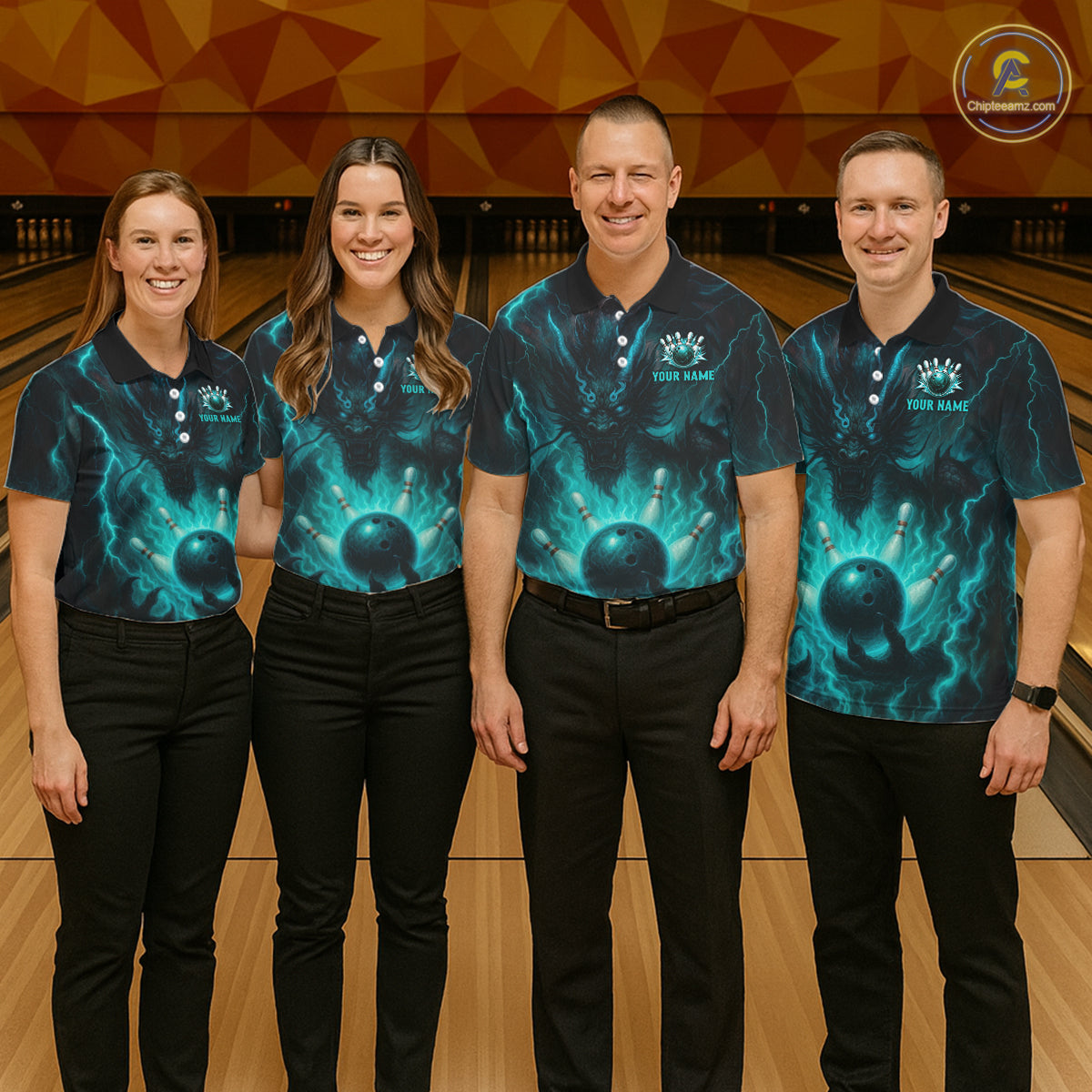 Personalized Black and Turquoise Flame Lightning Dragon Bowling Shirts For Men, Team Bowling Jerseys NQS11168