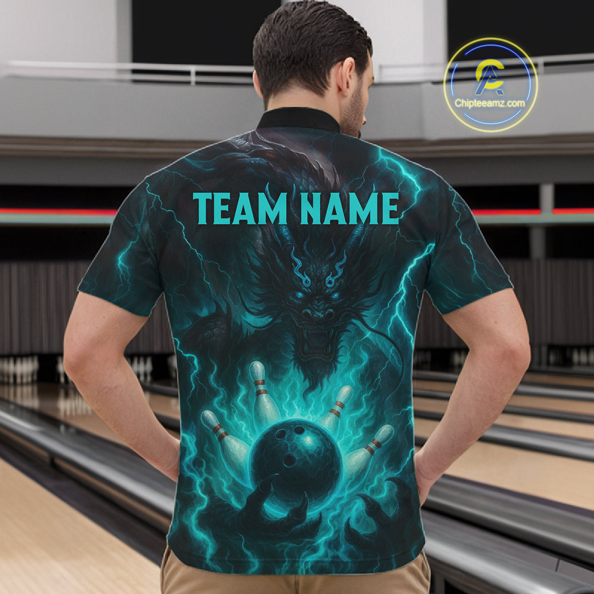 Personalized Black and Turquoise Flame Lightning Dragon Bowling Shirts For Men, Team Bowling Jerseys NQS11168