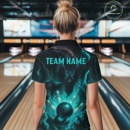 Personalized Black and Turquoise Flame Lightning Dragon Bowling Shirts For Women, Team Bowling Jersey NQS11168