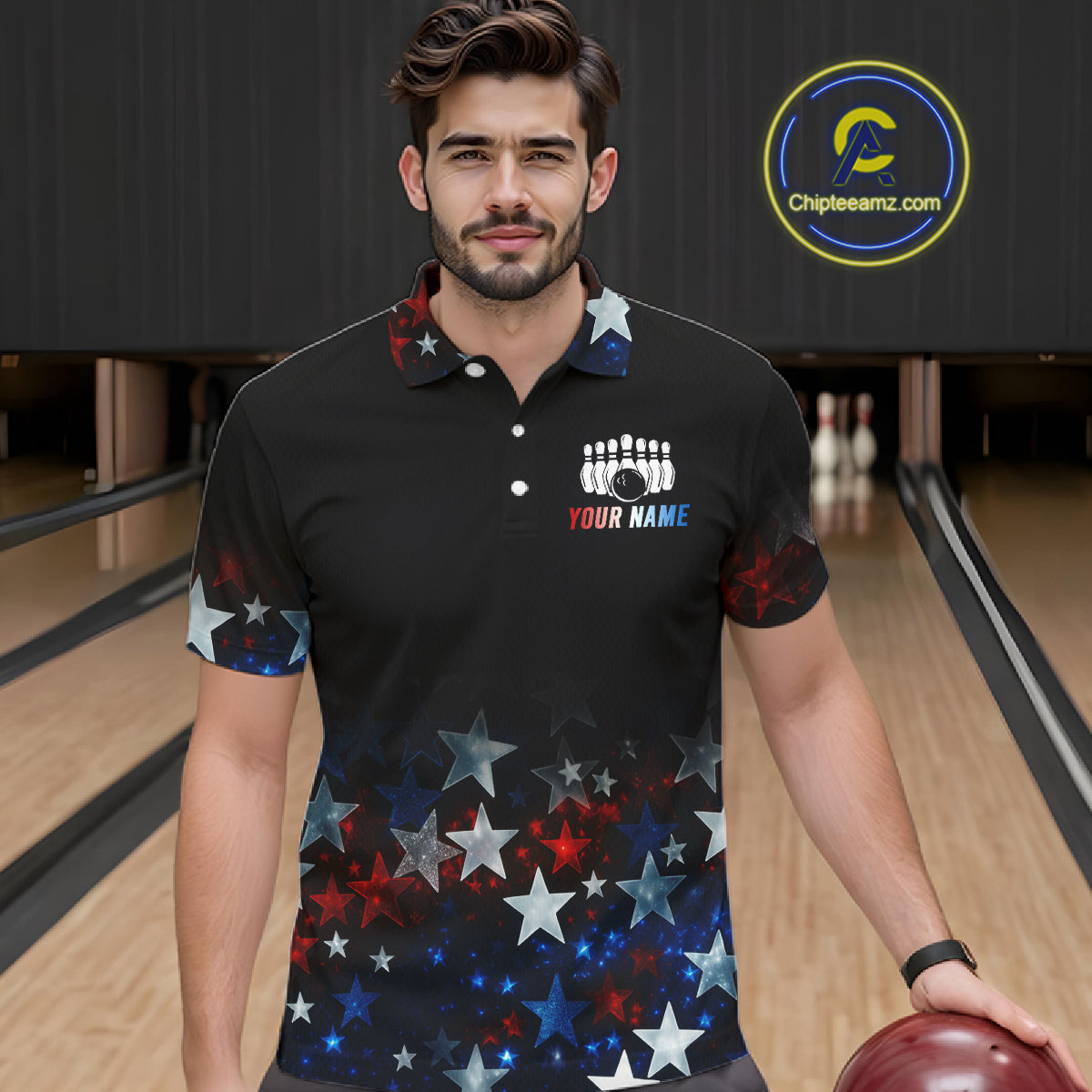 Personalized Red, White and Blue Stars Pattern Bowling Team Shirts For Men Patriotic Bowling Gifts NQS11169