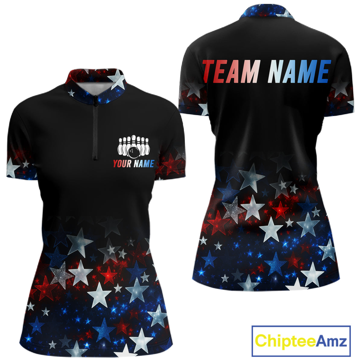 Personalized Red, White and Blue Stars Pattern Bowling Team Shirts For Women Patriotic Bowling Gifts NQS11169