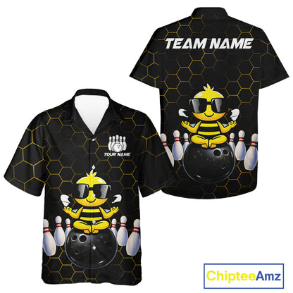 Black and Gold Funny Bee Bowling Hawaiian Shirt Custom Team Bowling Button-up shirt, Gift For Bowlers NQS11582