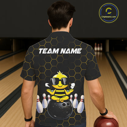 Black and Gold Funny Bee Bowling Hawaiian Shirt Custom Team Bowling Button-up shirt, Gift For Bowlers NQS11582