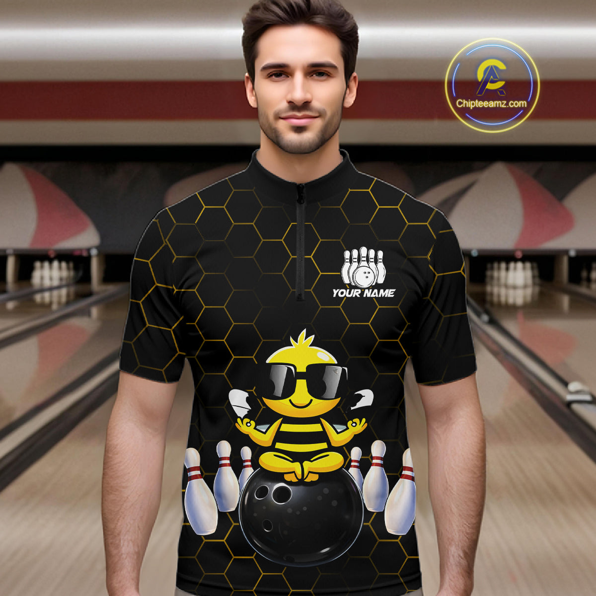 Black and Gold Funny Bee Bowling Shirts for Men Custom Team Bowling Jerseys, Gift For Bowlers NQS11582
