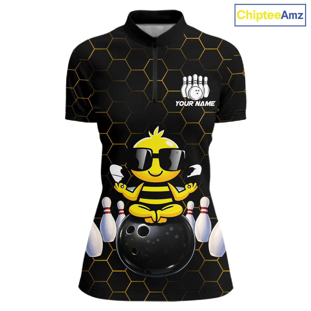 Black and Gold Funny Bee Bowling Shirts for Women Custom Team Bowling Jerseys, Gift For Bowlers NQS11582