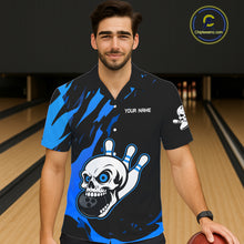 Load image into Gallery viewer, Black and Blue Skull Bowling Button-up Shirt Custom Team bowling Hawaiian jersey, gift for bowlers NQS11708