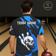Load image into Gallery viewer, Black and Blue Skull Bowling Button-up Shirt Custom Team bowling Hawaiian jersey, gift for bowlers NQS11708