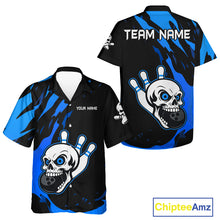 Load image into Gallery viewer, Black and Blue Skull Bowling Button-up Shirt Custom Team bowling Hawaiian jersey, gift for bowlers NQS11708