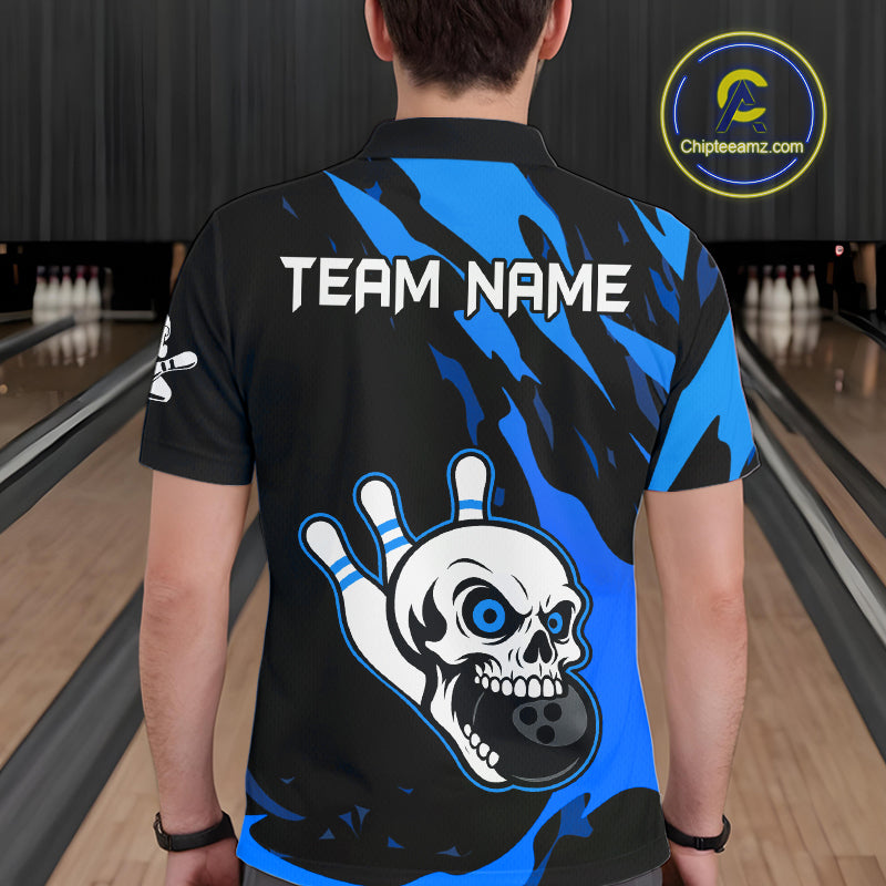 Black and Blue Skull Bowling Shirts for Men Custom Team bowling jersey, gift for bowlers NQS11708