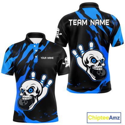 Black and Blue Skull Bowling Shirts for Men Custom Team bowling jersey, gift for bowlers NQS11708