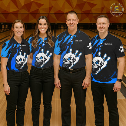 Black and Blue Skull Bowling Shirts for Men Custom Team bowling jersey, gift for bowlers NQS11708