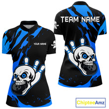 Load image into Gallery viewer, Black and Blue Skull Bowling Shirts for Women Custom Team bowling jersey, gift for bowlers NQS11708