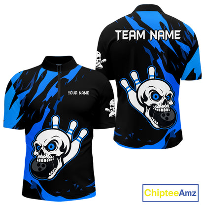 Black and Blue Skull Bowling Shirts for Men Custom Team bowling jersey, gift for bowlers NQS11708
