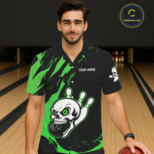 Load image into Gallery viewer, Black and Green Skull Bowling Button-up Shirt Custom Team bowling Hawaiian jersey, gift for bowlers NQS11709