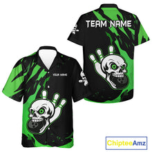 Load image into Gallery viewer, Black and Green Skull Bowling Button-up Shirt Custom Team bowling Hawaiian jersey, gift for bowlers NQS11709