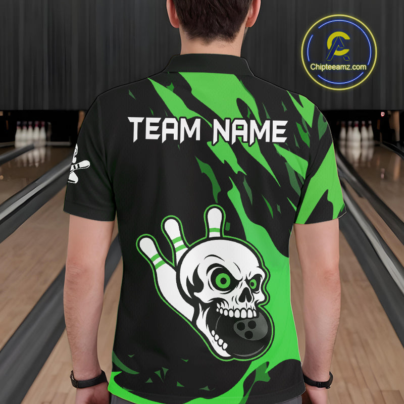 Black and Green Skull Bowling Shirts for Men Custom Team bowling jersey, gift for bowlers NQS11709