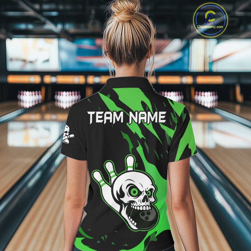 Black and Green Skull Bowling Shirts for Women Custom Team bowling jersey, gift for bowlers NQS11709