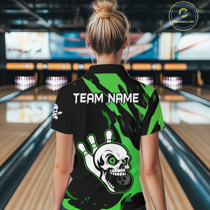 Black and Green Skull Bowling Shirts for Women Custom Team bowling jersey, gift for bowlers NQS11709