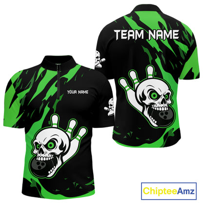 Black and Green Skull Bowling Shirts for Men Custom Team bowling jersey, gift for bowlers NQS11709