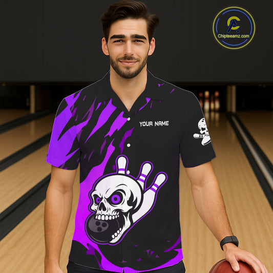 Black and Purple Skull Bowling Button-up Shirt Custom Team bowling Hawaiian jersey, gift for bowlers NQS11710