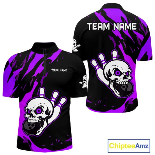 Black and Purple Skull Bowling Shirts for Men Custom Team bowling jersey, gift for bowlers NQS11710