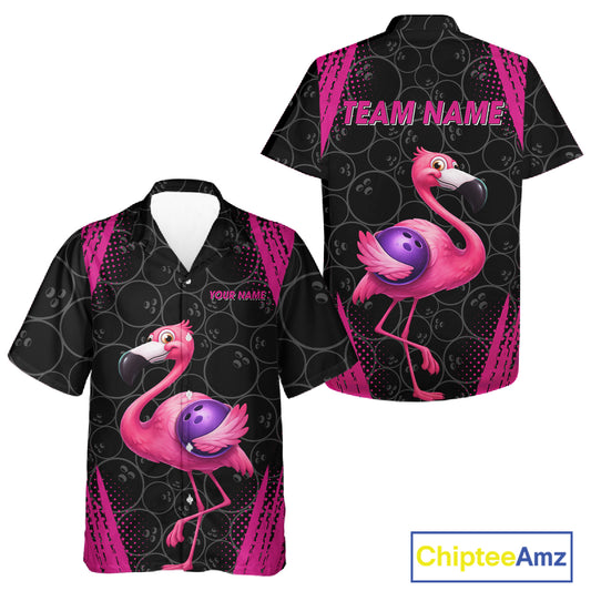 Funny Pink Flamingo Black Bowling Camo Bowling Button-up Shirt Custom Flamingo Team bowling outfit NQS11716