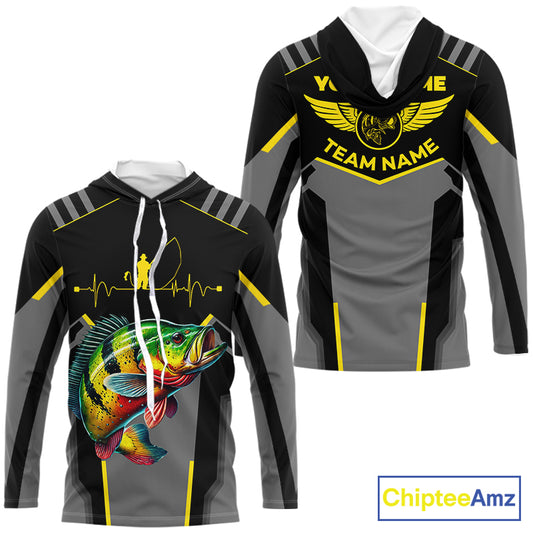 Personalized Black Peacock Bass Fishing jersey, Team Bass Fishing Long Sleeve tournament shirt| Yellow NQS9823