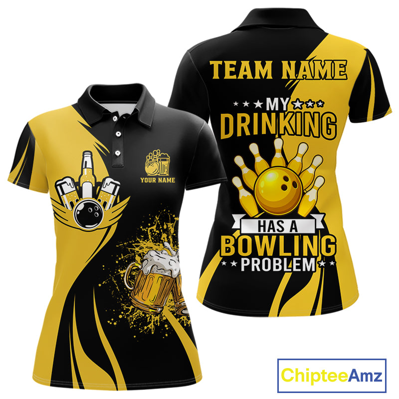 Funny yellow and black Bowling beer shirts for Women custom My drinking team has a bowling problem NQS9927