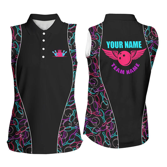 Custom Black Bowling pattern sleeveless polo Shirts For Women, Personalized Bowling Team Jerseys NQS7725