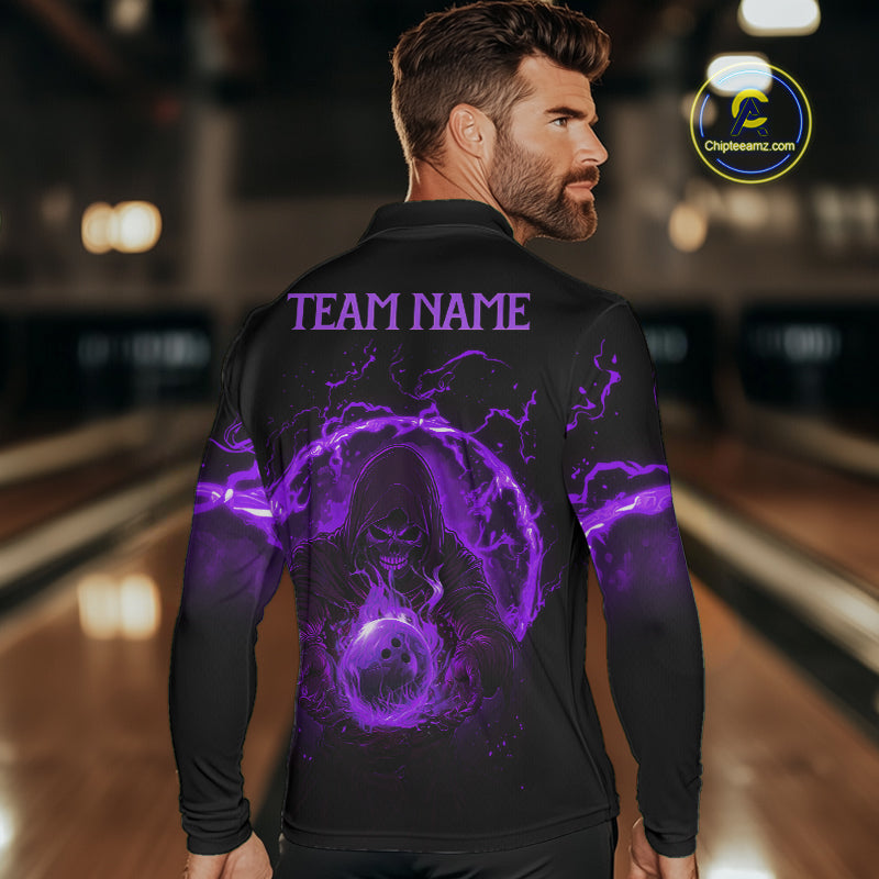 Mens bowling polo, 1/4 zip shirts Custom purple flame skull bowling team jerseys, gift for Bowlers NQS10057