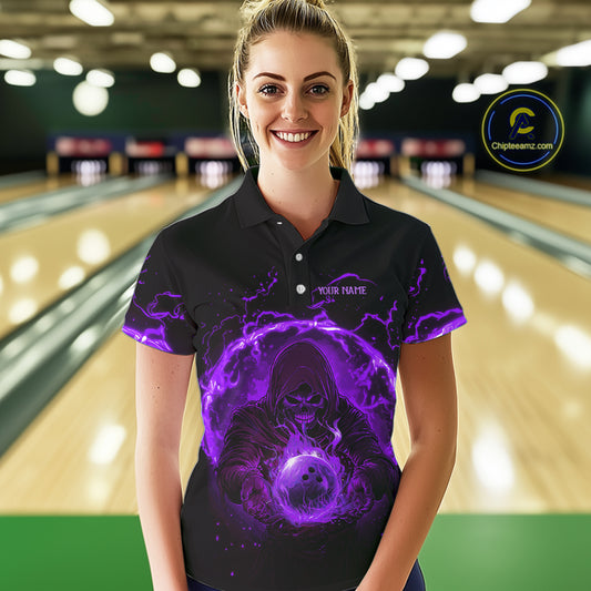 Women bowling polo, 1/4 zip shirts Custom purple flame skull bowling team jerseys, gift for Bowlers NQS10057