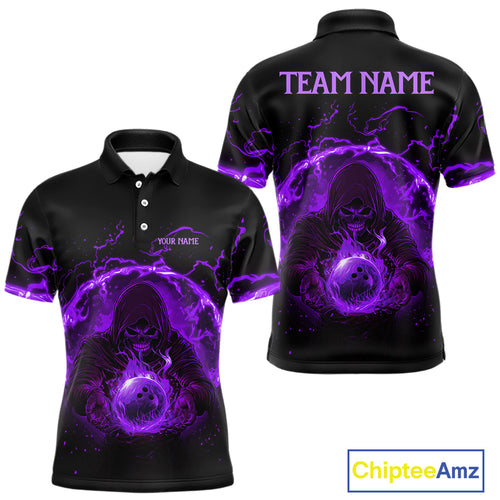 Mens bowling polo, 1/4 zip shirts Custom purple flame skull bowling team jerseys, gift for Bowlers NQS10057