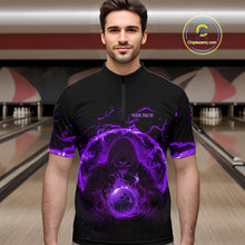 Load image into Gallery viewer, Mens bowling polo, 1/4 zip shirts Custom purple flame skull bowling team jerseys, gift for Bowlers NQS10057