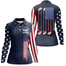 Load image into Gallery viewer, Womens golf polo shirts golf clubs American flag custom patriotic golf shirt for womens | Navy NQS5858