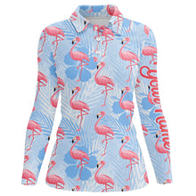 Load image into Gallery viewer, Womens golf polo shirts custom pink flamingo blue tropical pattern golf apparel for team ladies golfer NQS7979