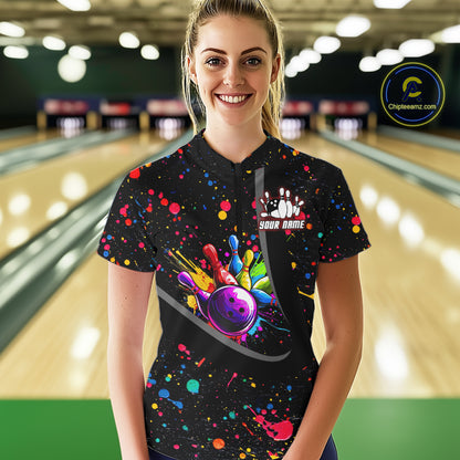 Colorful bowling jerseys Bowling Polo, 1/4 Zip Shirt for Women Custom Bowling Team shirts for bowlers NQS10363