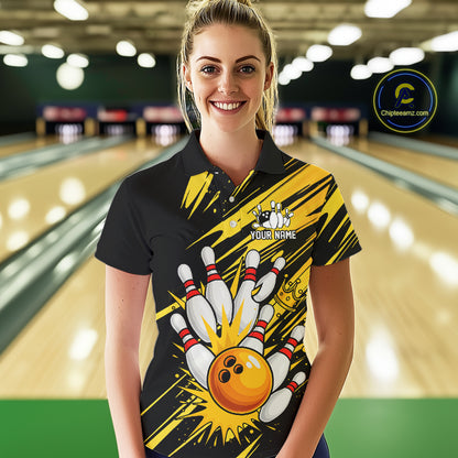 Black and Yellow Bowling Polo, 1/4 Zip Shirt for Women Custom Bowling Team shirts for bowlers NQS10365