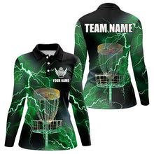 Load image into Gallery viewer, Womens disc golf polo shirts custom green lightning thunder disc golf basket team disc golf outfit NQS9104