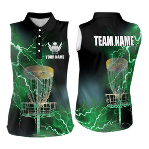 Women sleeveless disc golf polo shirt custom green lightning thunder disc golf basket team outfit NQS9104