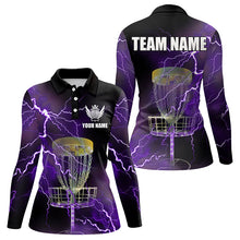 Load image into Gallery viewer, Womens disc golf polo shirts custom purple lightning thunder disc golf basket team disc golf outfit NQS9105