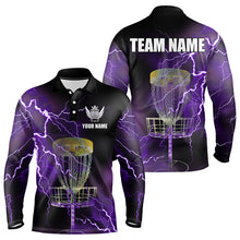 Load image into Gallery viewer, Mens disc golf polo shirts custom purple lightning thunder disc golf basket team disc golf outfit NQS9105