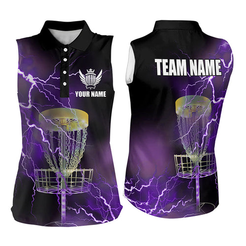 Women sleeveless disc golf polo shirt custom purple lightning thunder disc golf basket team outfit NQS9105