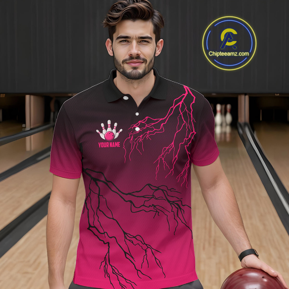 Black and Pink gradient Lightning thunder storm Bowling shirts for Men Custom Bowling Team Jerseys NQS11170