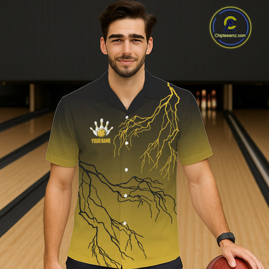 Black and Yellow gradient storm Lightning thunder Bowling Hawaiian shirt Custom Bowling Team Jerseys NQS11172